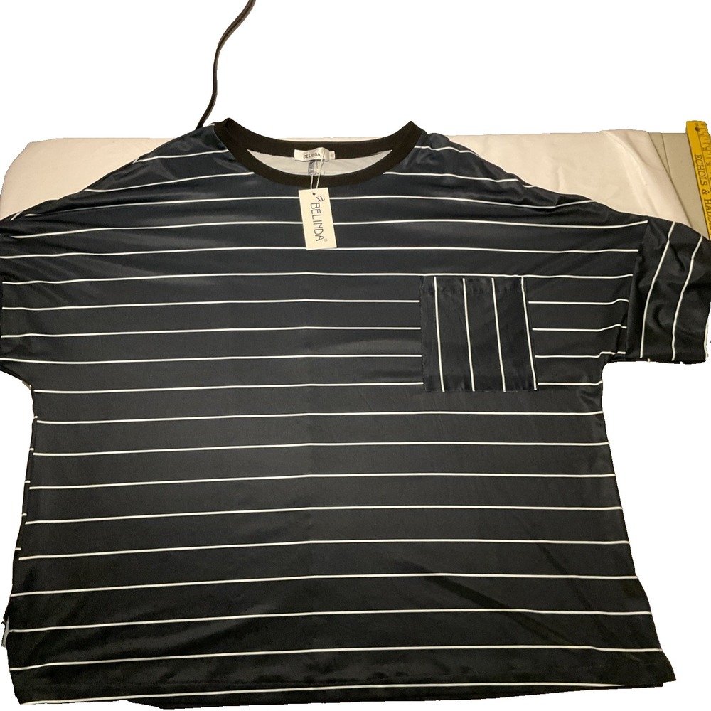 Belinda Striped Short Sleeve Pocket T-Shirt‎ Black White XL New